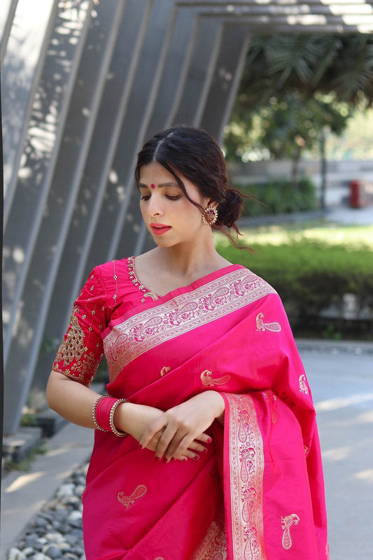 Pure Banarasi Silk Saree with Zari Weaving & Unstitched Blouse - SEEANS