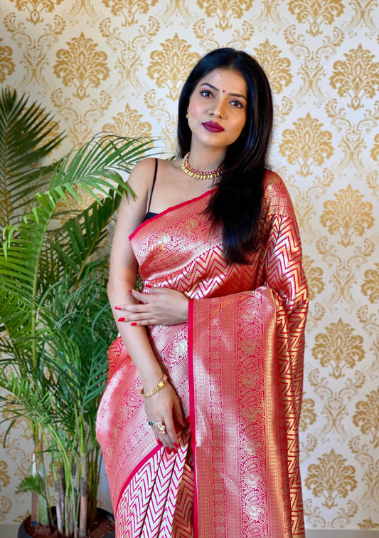 Pure Banarasi Silk Saree with Zari Weaving & Unstitched Blouse - SEEANS