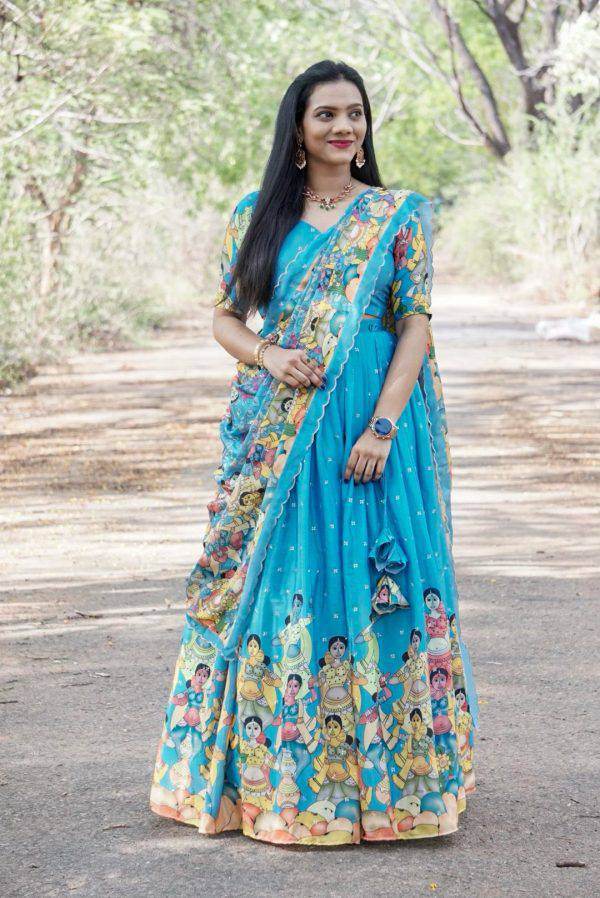 Festive Sky Blue Lehenga with Heritage Kalamkari Print and Choli - SEEANS