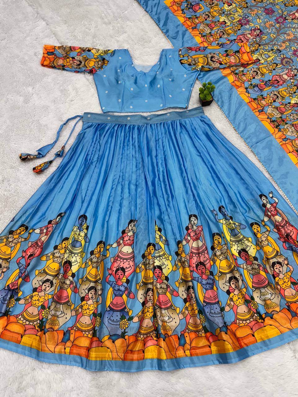 Festive Sky Blue Lehenga with Heritage Kalamkari Print and Choli - SEEANS