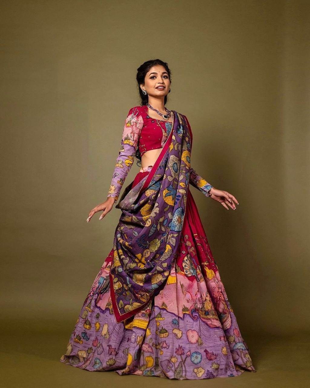 Kalamkari Print Chinon Lehenga Choli Set – Wedding Wear - SEEANS