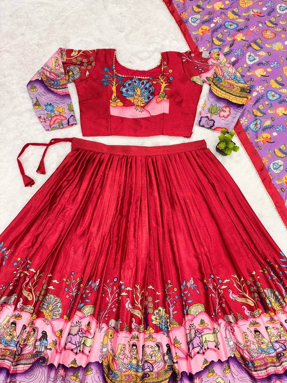 Kalamkari Print Chinon Lehenga Choli Set – Wedding Wear - SEEANS