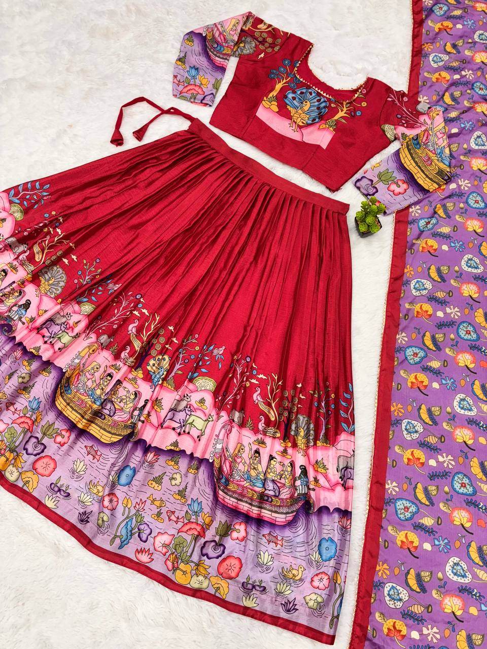 Kalamkari Print Chinon Lehenga Choli Set – Wedding Wear - SEEANS