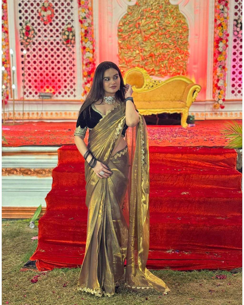 Soft Tissue Two-Tone Gold Saree with Embroidery Work | Velvet Stitched Blouse | Sequins & Coding Border - SEEANS