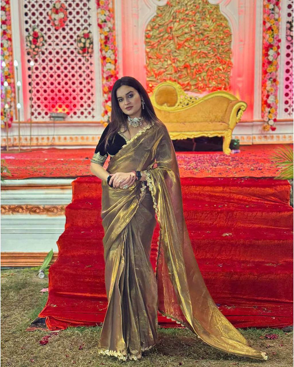 Soft Tissue Two-Tone Gold Saree with Embroidery Work | Velvet Stitched Blouse | Sequins & Coding Border - SEEANS