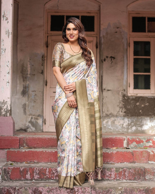 Ivory Banarasi Silk Saree with Gold Zari Border and Multicolor Floral Design - SEEANS