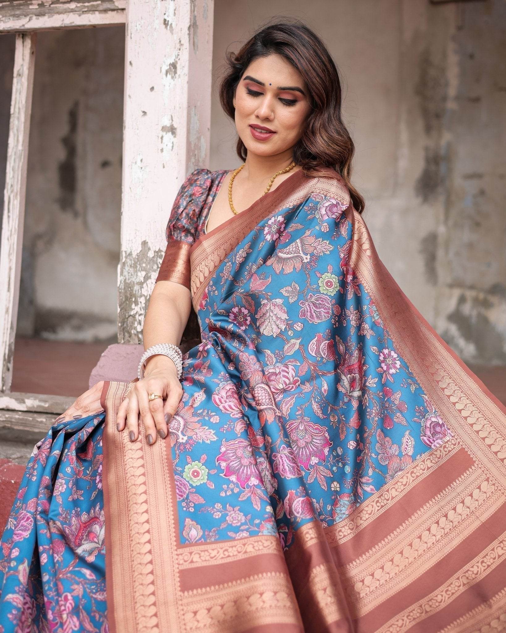 Teal Banarasi Silk Saree with Rust Zari Border and Floral Motifs - SEEANS