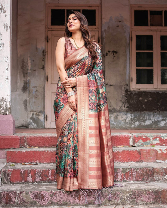 Multicolor Geometric Print Banarasi Silk Saree with Copper Zari Border - SEEANS