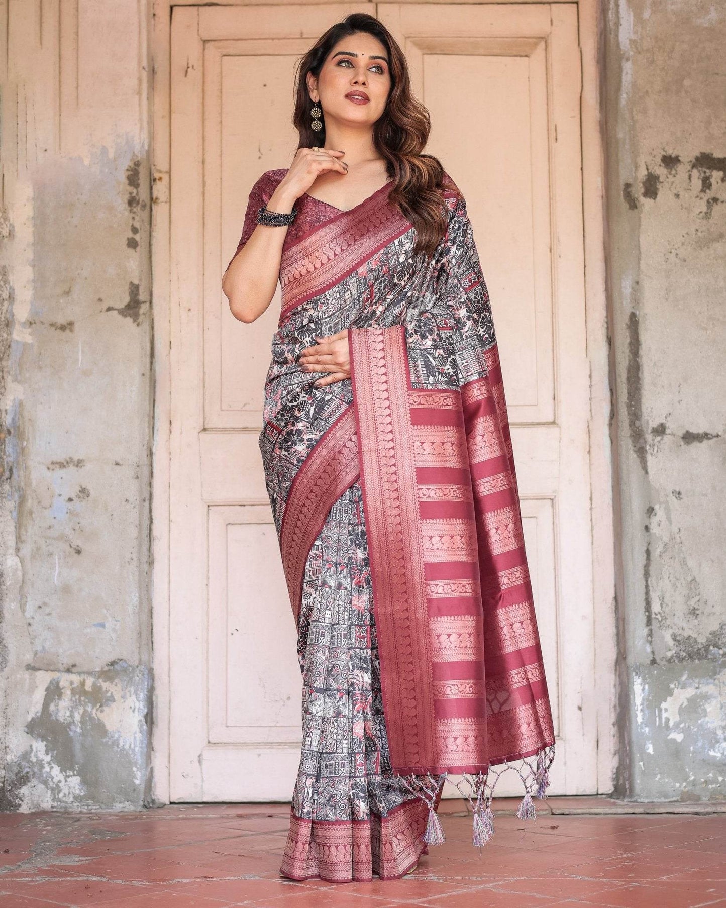 Black and Red Banarasi Silk Saree with Geometric Print and Rich Zari Border - SEEANS