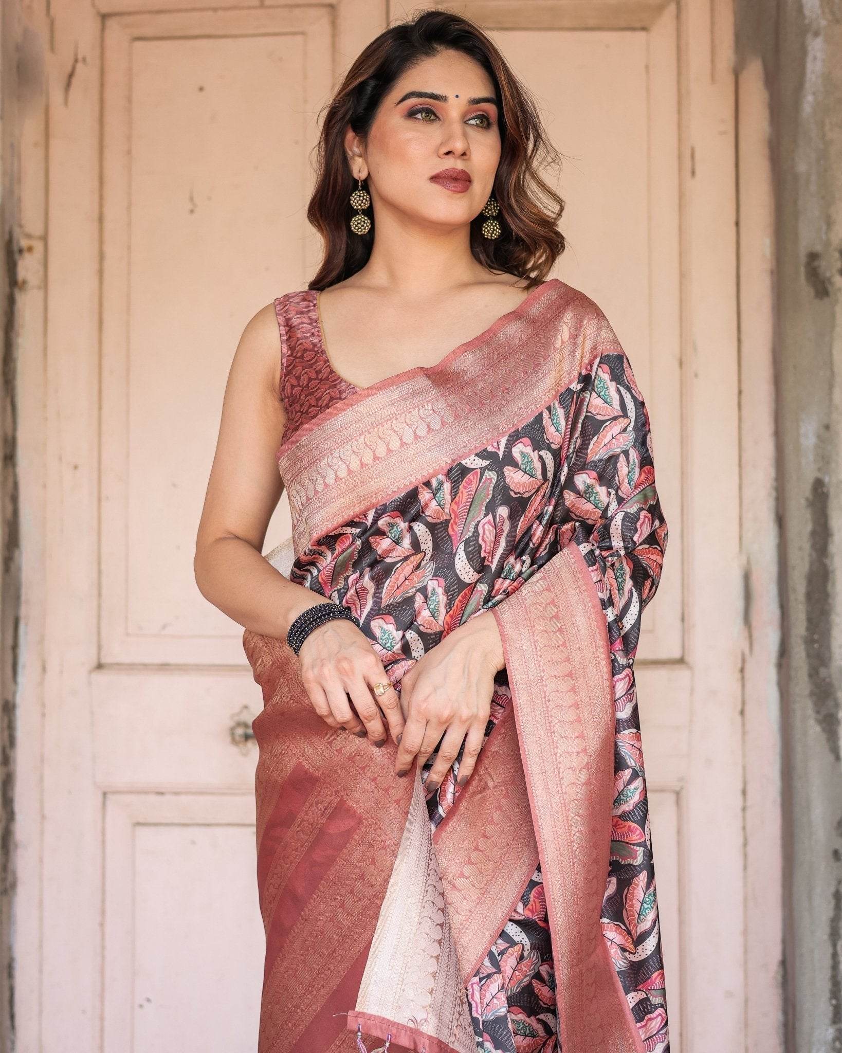 Black Banarasi Silk Saree with Bold Leaf Digital Print & Rosy Pink Zari Border - SEEANS