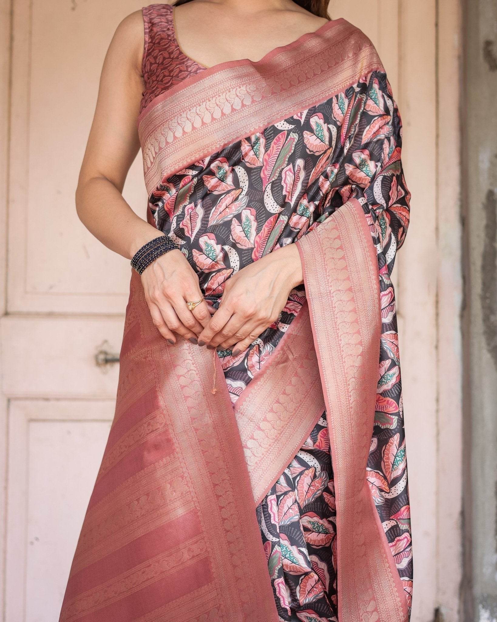 Black Banarasi Silk Saree with Bold Leaf Digital Print & Rosy Pink Zari Border - SEEANS