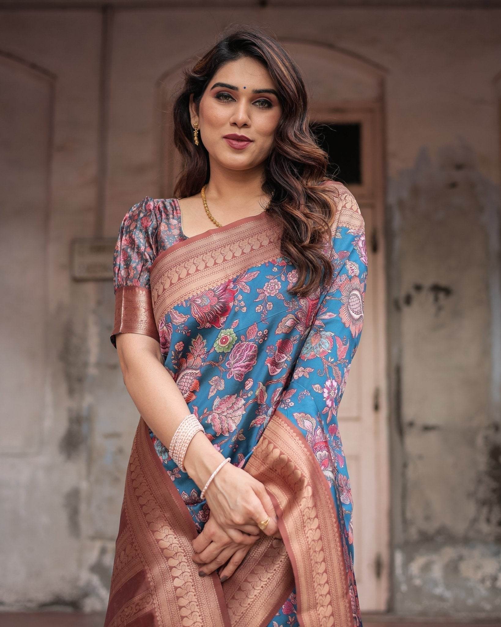 Teal Banarasi Silk Saree with Rust Zari Border and Floral Motifs - SEEANS