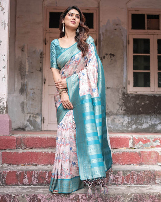 Mesmerizing Aqua Banarasi Silk Saree with Digital Print and Tassels - SEEANS