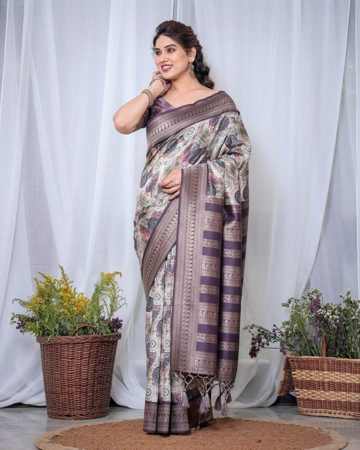 Ethereal Lavender Banarasi Silk Saree with Circular Motif Tassels - SEEANS