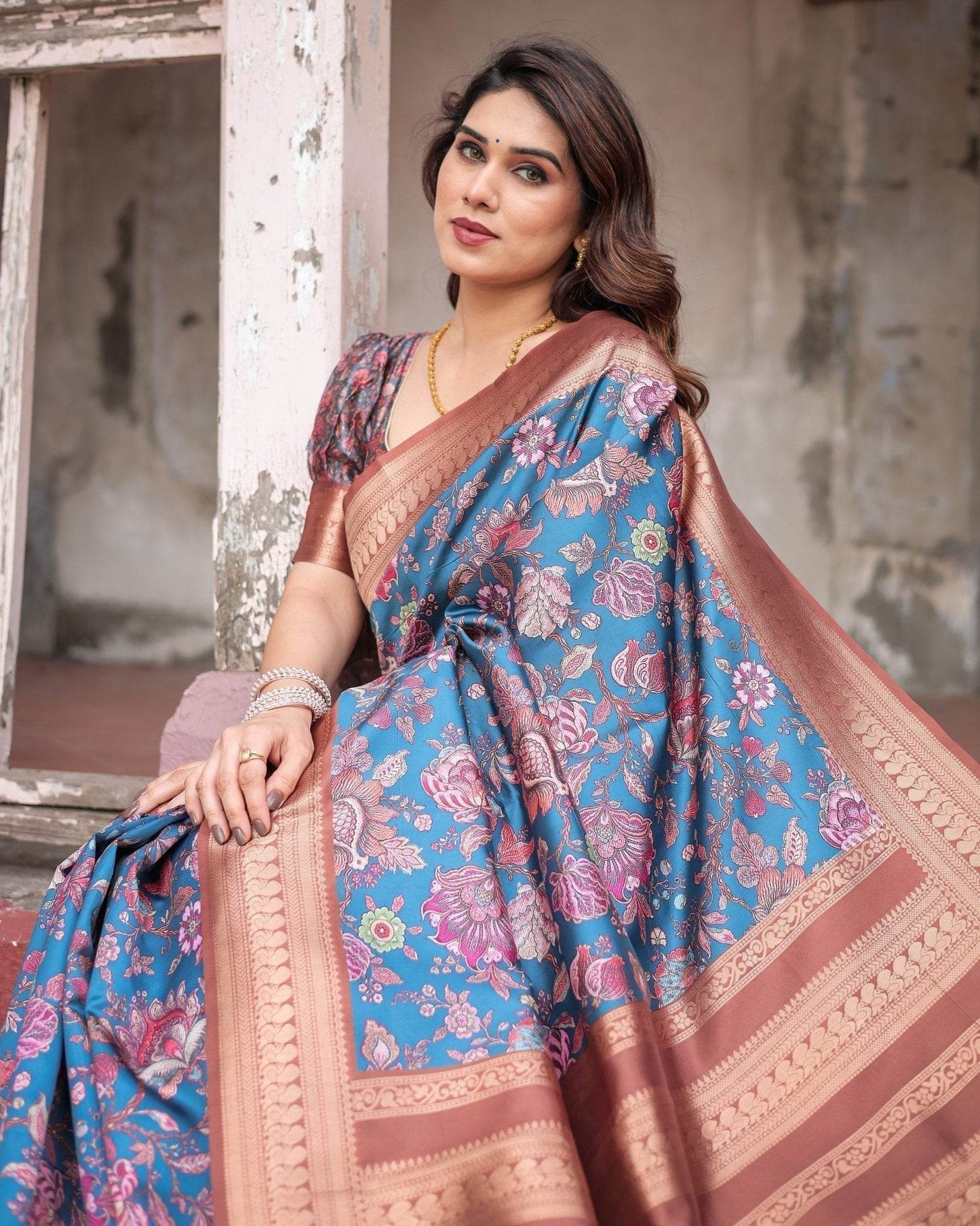 Teal Banarasi Silk Saree with Rust Zari Border and Floral Motifs - SEEANS