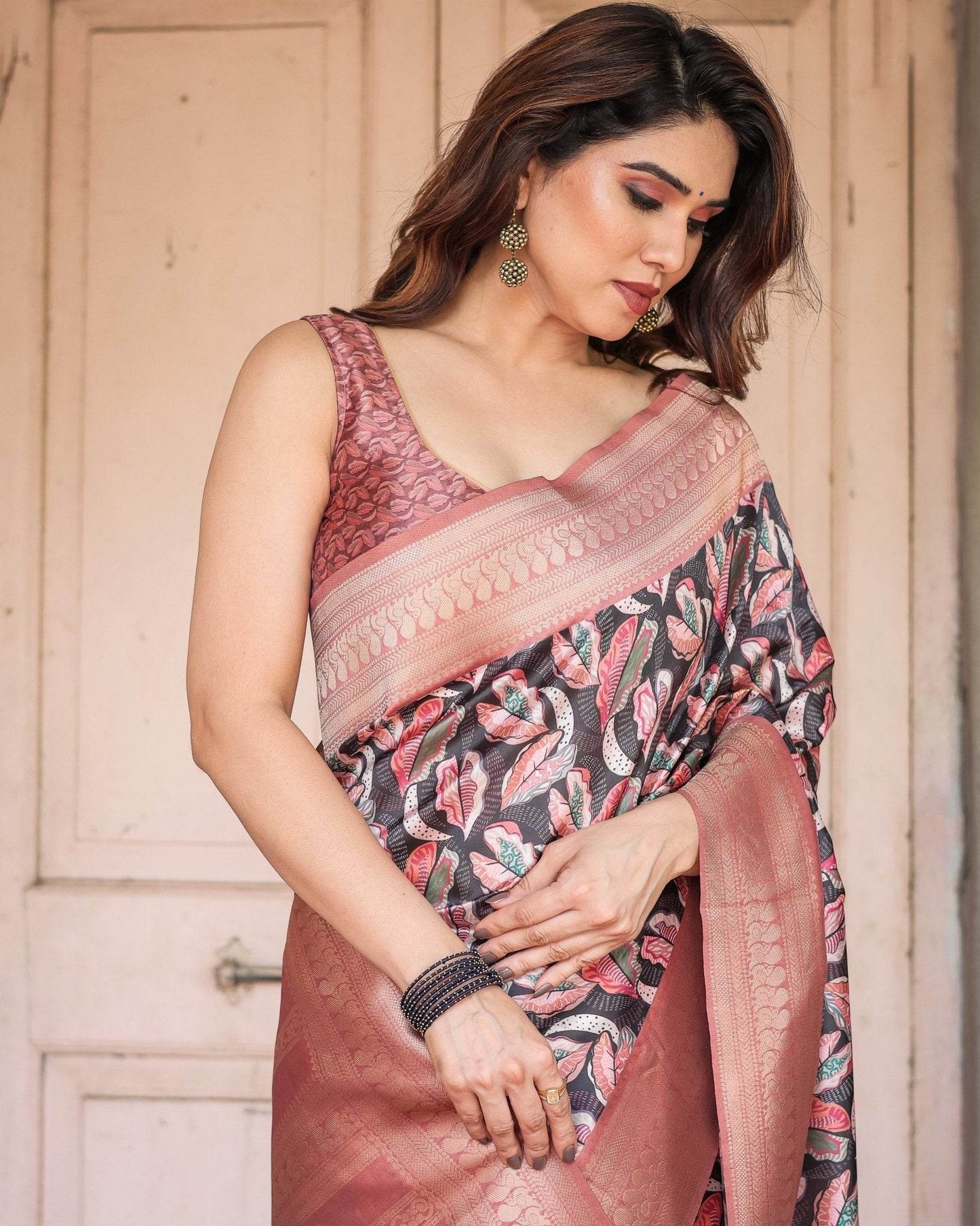 Black Banarasi Silk Saree with Bold Leaf Digital Print & Rosy Pink Zari Border - SEEANS