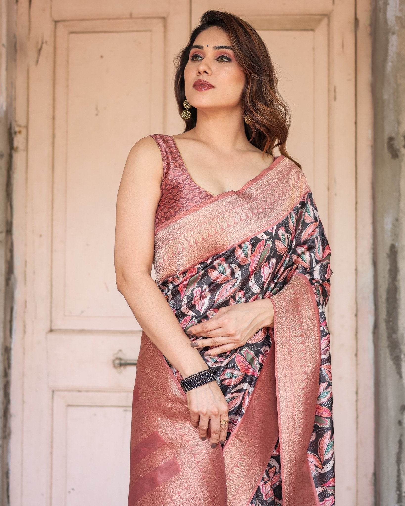 Black Banarasi Silk Saree with Bold Leaf Digital Print & Rosy Pink Zari Border - SEEANS