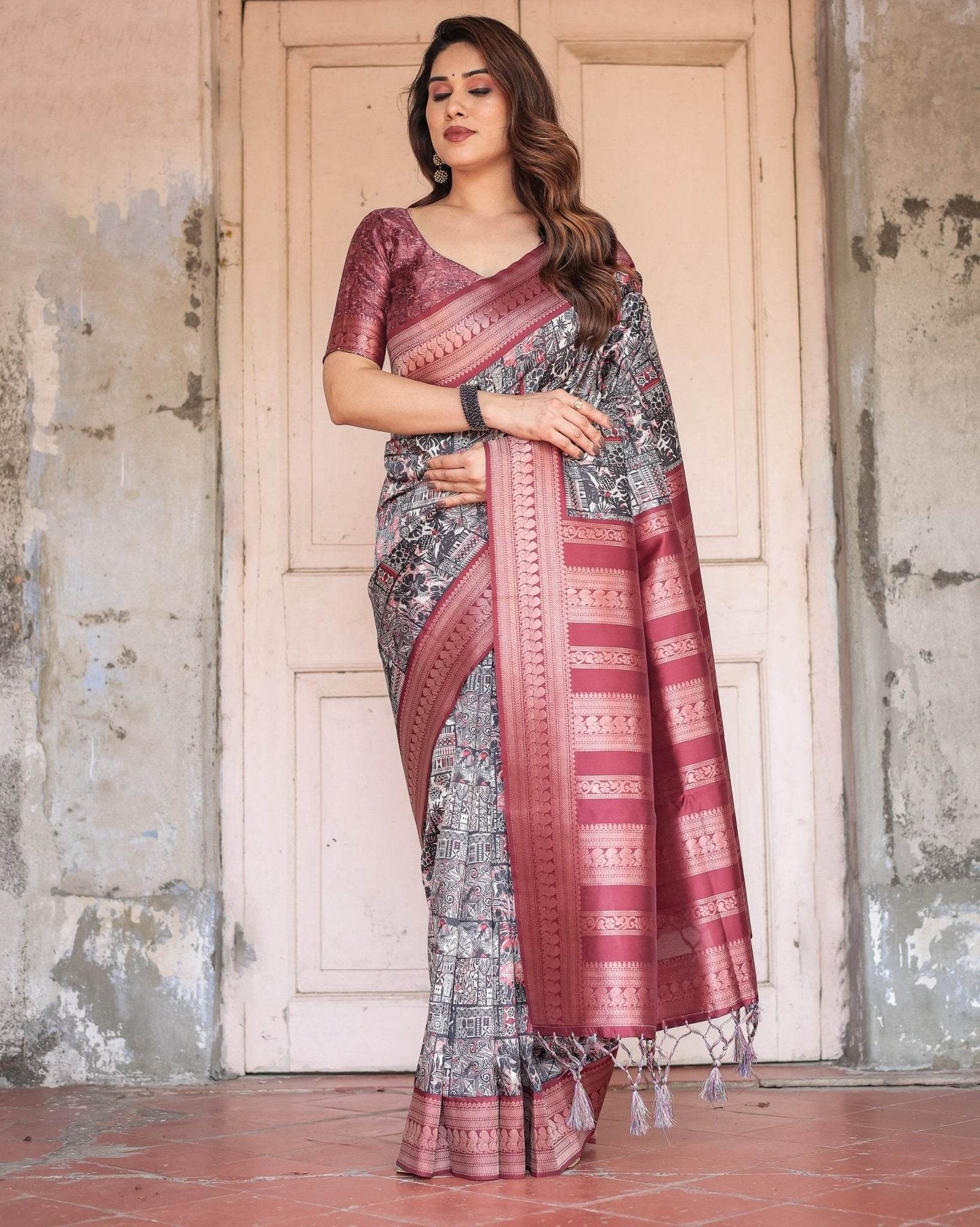 Black and Red Banarasi Silk Saree with Geometric Print and Rich Zari Border - SEEANS