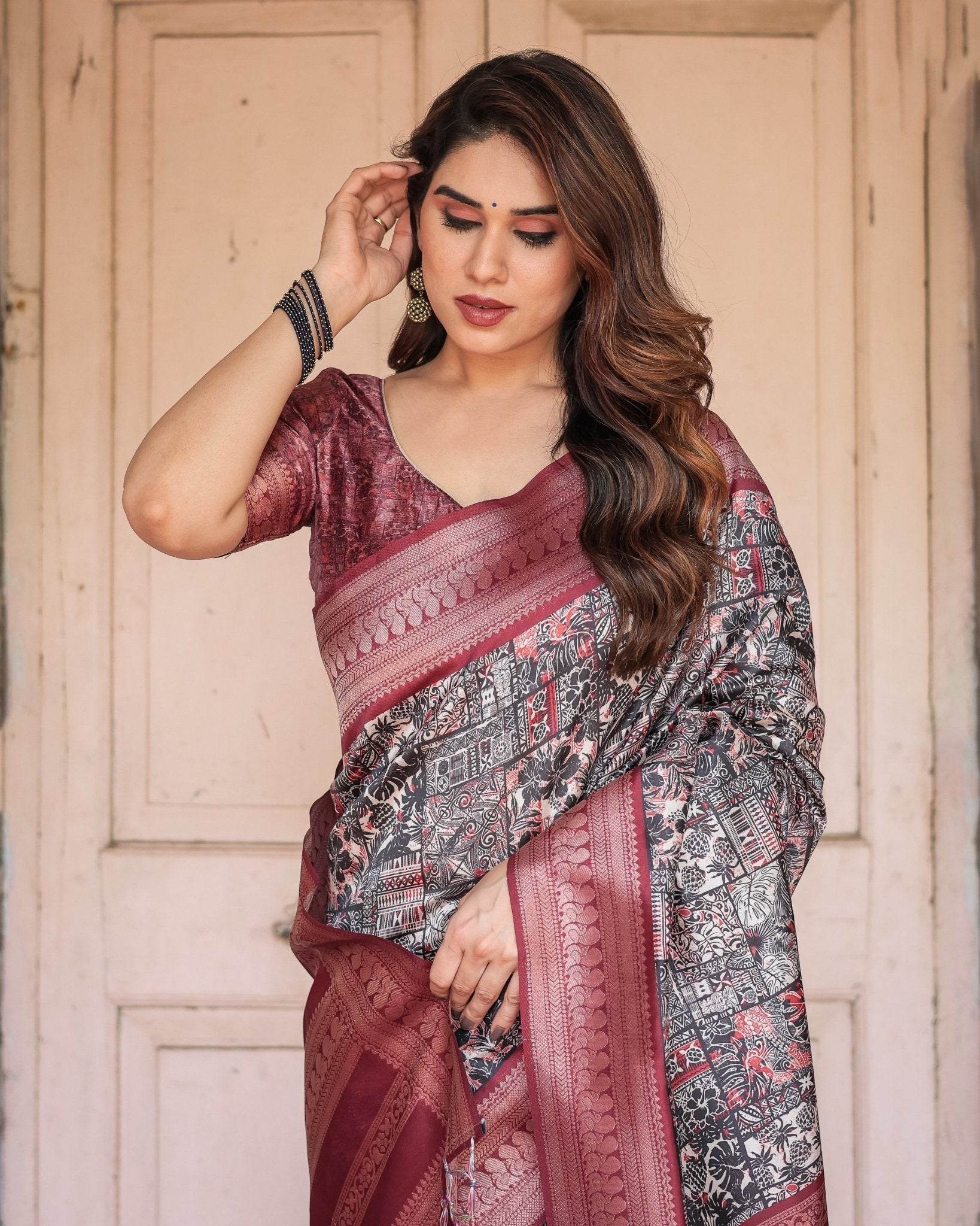 Black and Red Banarasi Silk Saree with Geometric Print and Rich Zari Border - SEEANS