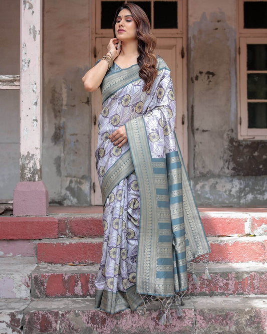 Sophisticated Lilac Banarasi Silk Saree with Floral Prints and Zari Tassel Border - SEEANS