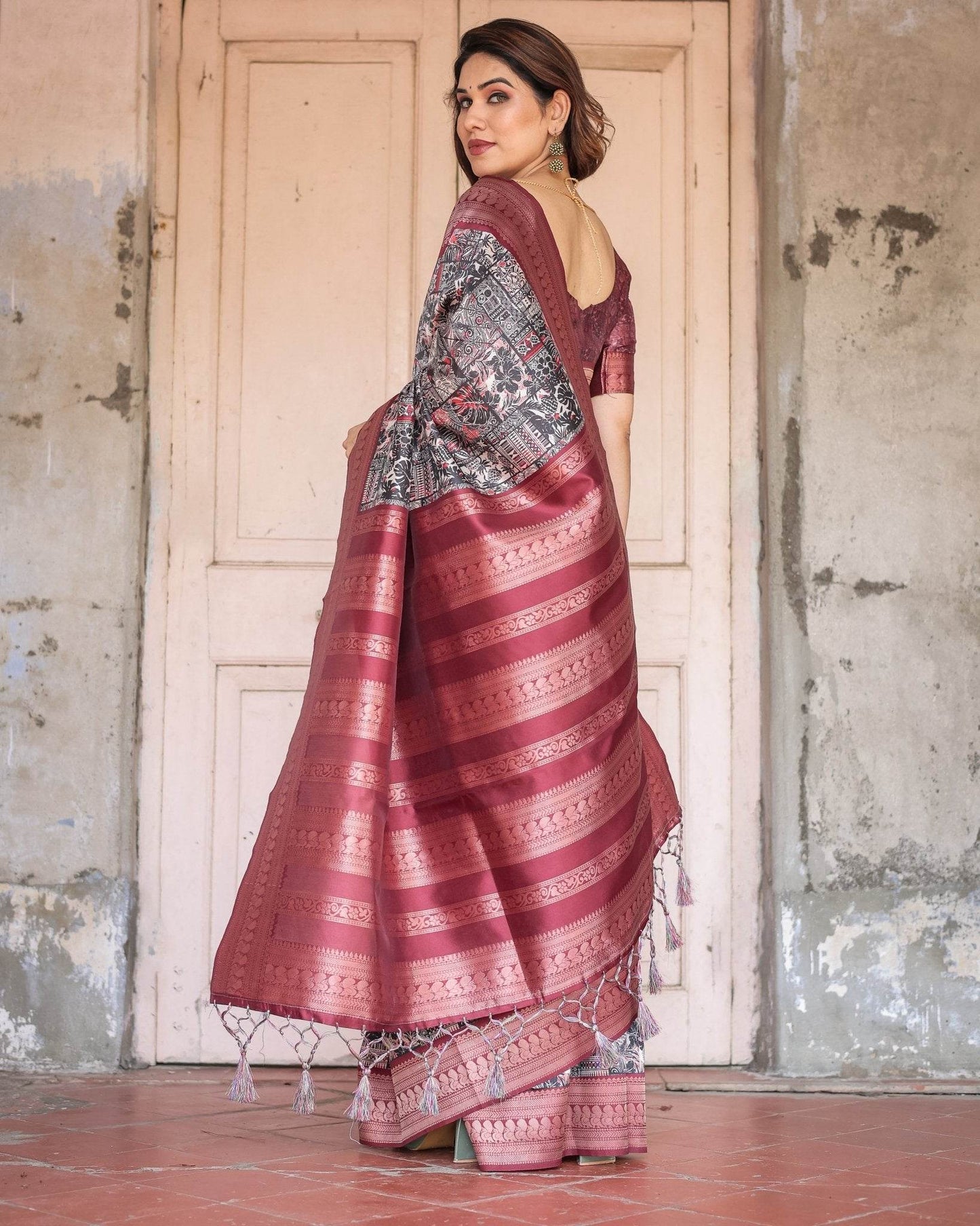 Black and Red Banarasi Silk Saree with Geometric Print and Rich Zari Border - SEEANS