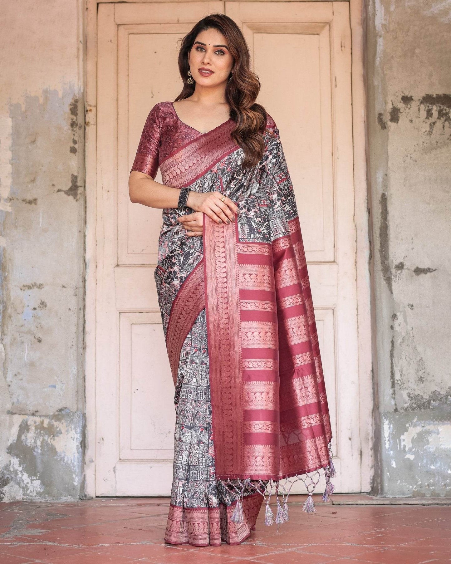 Black and Red Banarasi Silk Saree with Geometric Print and Rich Zari Border - SEEANS