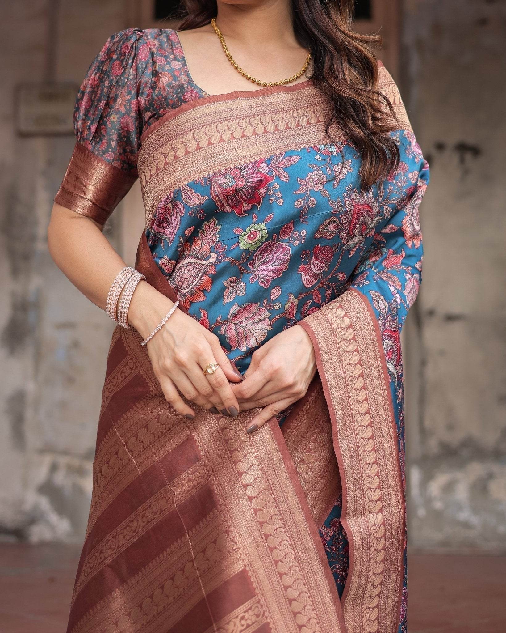 Teal Banarasi Silk Saree with Rust Zari Border and Floral Motifs - SEEANS