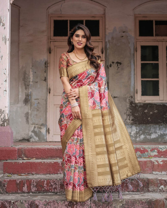 Gold Banarasi Silk Saree with Bold Floral Print and Intricate Zari Border - SEEANS