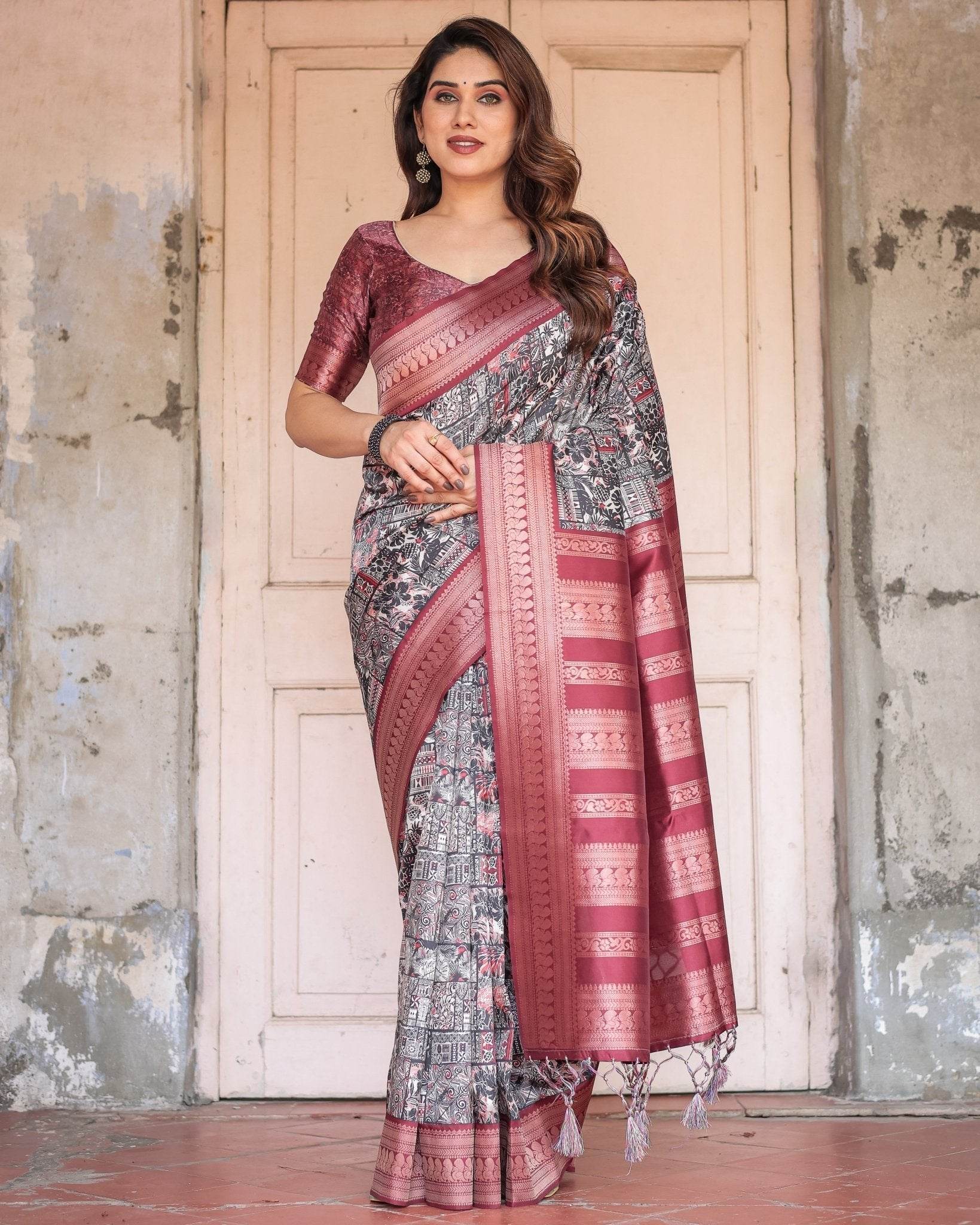 Black and Red Banarasi Silk Saree with Geometric Print and Rich Zari Border - SEEANS