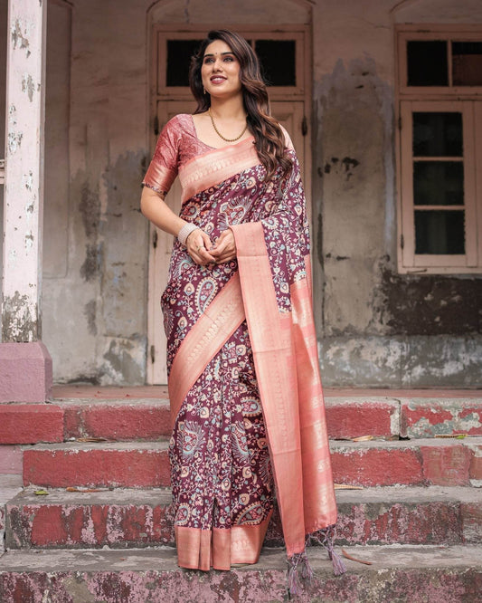 Maroon Banarasi Silk Saree with Peach Zari Border and Paisley Motifs - SEEANS