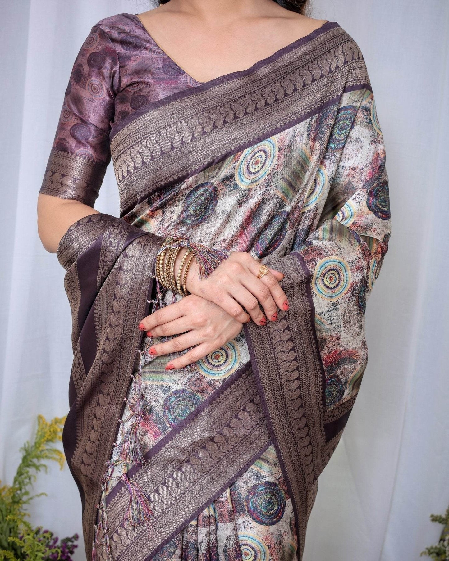 Ethereal Lavender Banarasi Silk Saree with Circular Motif Tassels - SEEANS