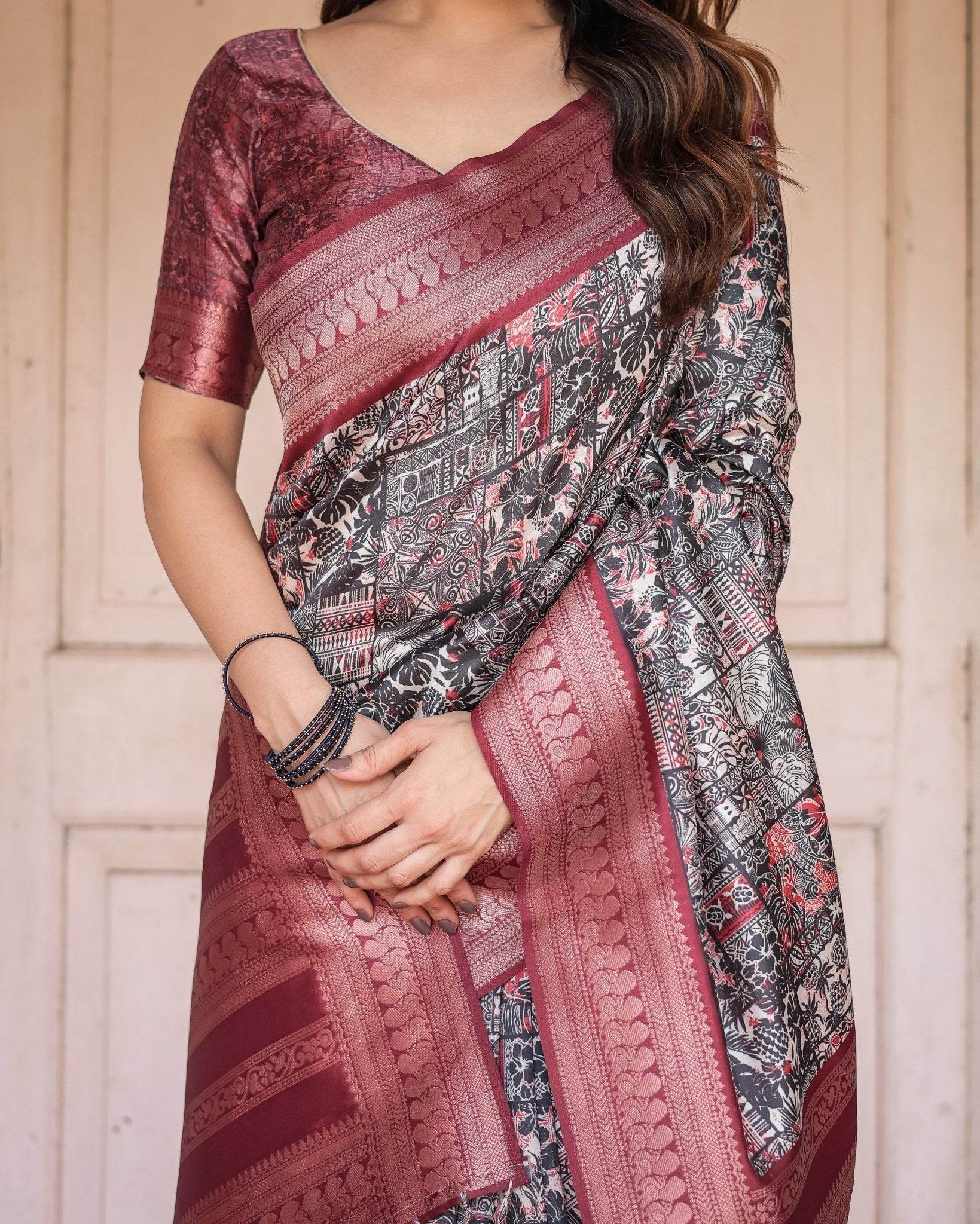 Black and Red Banarasi Silk Saree with Geometric Print and Rich Zari Border - SEEANS