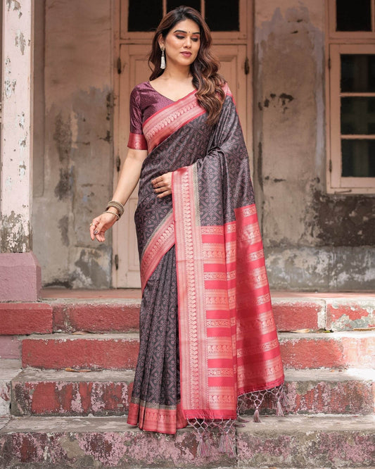 Black Banarasi Silk Saree with Intricate Pink Zari Border & Traditional Motifs - SEEANS