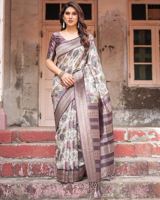 Regal Purple Banarasi Silk Saree with Digital Print and Ornate Border - SEEANS