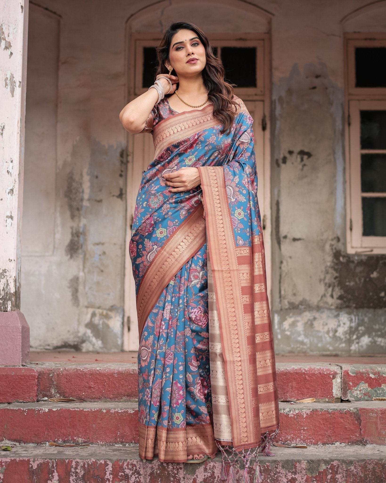 Teal Banarasi Silk Saree with Rust Zari Border and Floral Motifs - SEEANS