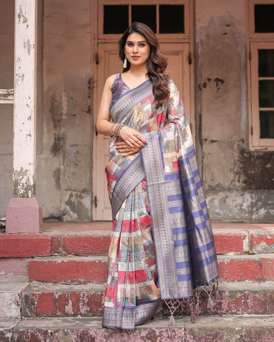 Multicolor Banarasi Silk Saree with Abstract Checkered Print & Lavender Zari Border - SEEANS