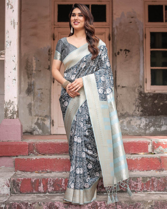 Sophisticated Floral Banarasi Silk Saree with Light Blue Zari Border - SEEANS