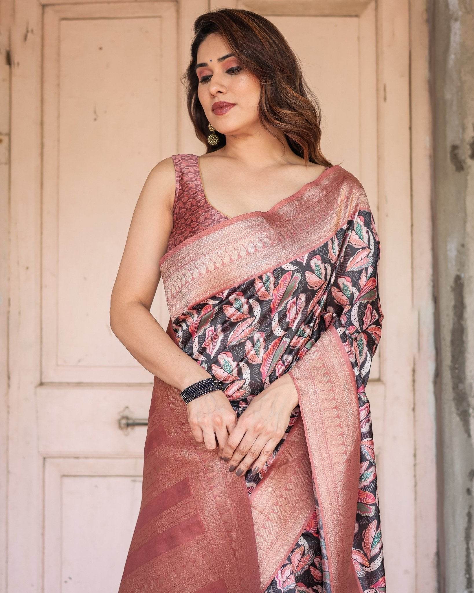 Black Banarasi Silk Saree with Bold Leaf Digital Print & Rosy Pink Zari Border - SEEANS