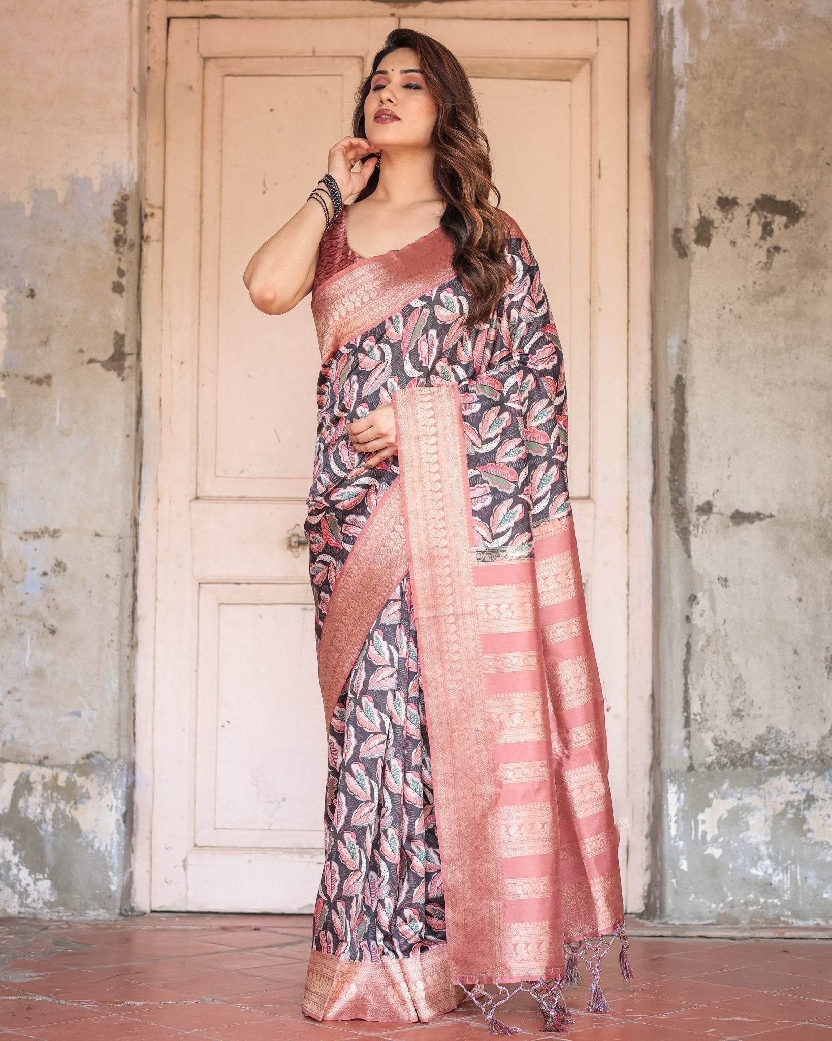 Black Banarasi Silk Saree with Bold Leaf Digital Print & Rosy Pink Zari Border - SEEANS