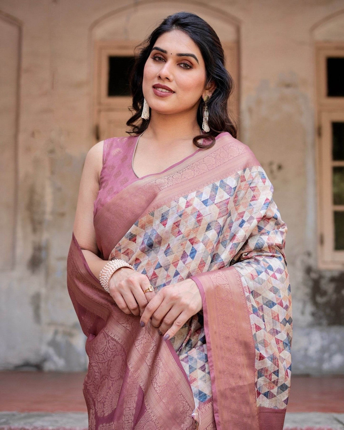 Beige and Pink Geometric Print Banarasi Silk Saree with Zari Weave and Tassel-Embellished Pallu - SEEANS