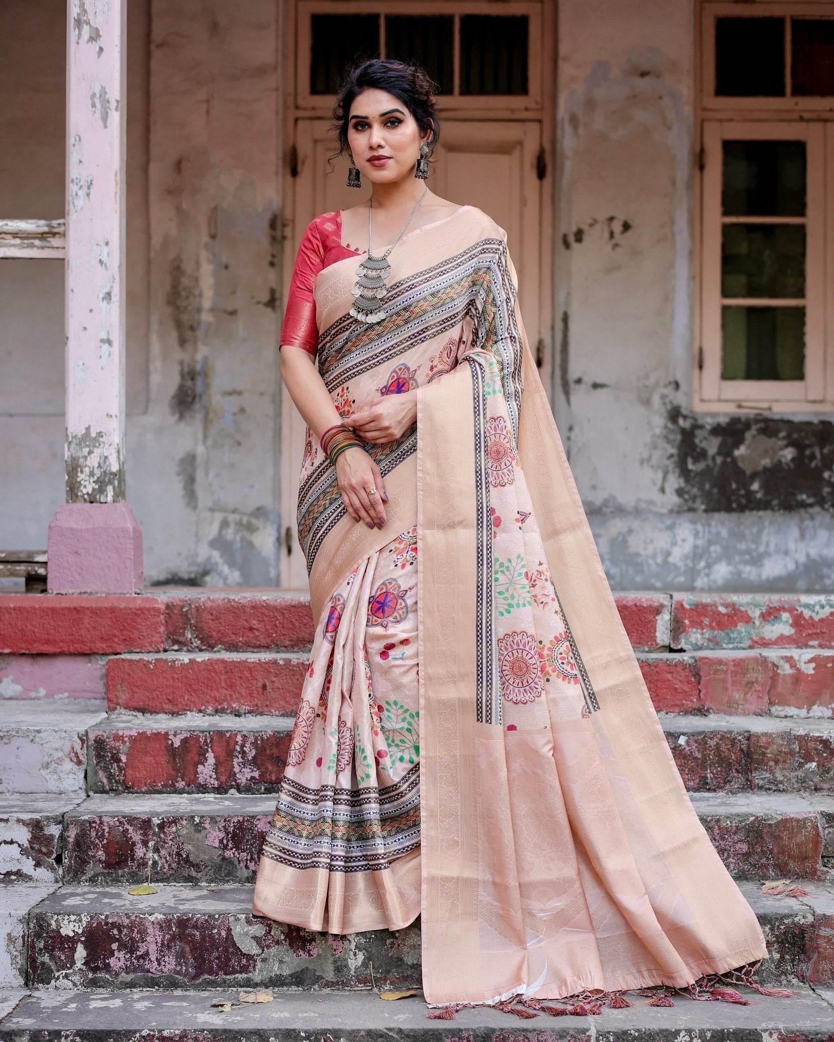 Elegant Peach Banarasi Silk Saree with Multicolor Embroidery and Tassels - SEEANS