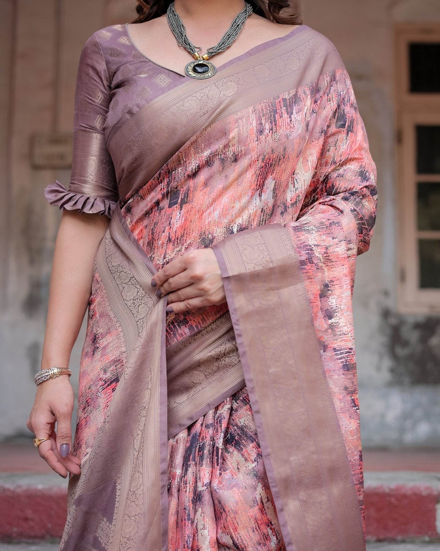 Peach and Brown Abstract Design Banarasi Silk Saree with Zari Weave and Tassel-Embellished Pallu - SEEANS