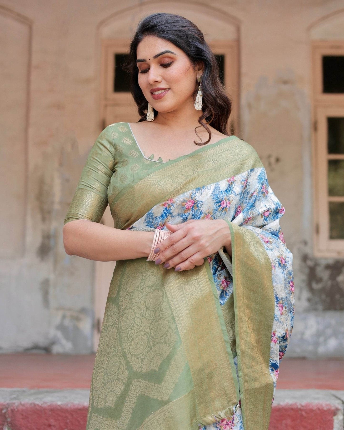 Blue and Green Floral Digital Print Banarasi Silk Saree with Zari Weave and Tassel-Embellished Pallu - SEEANS