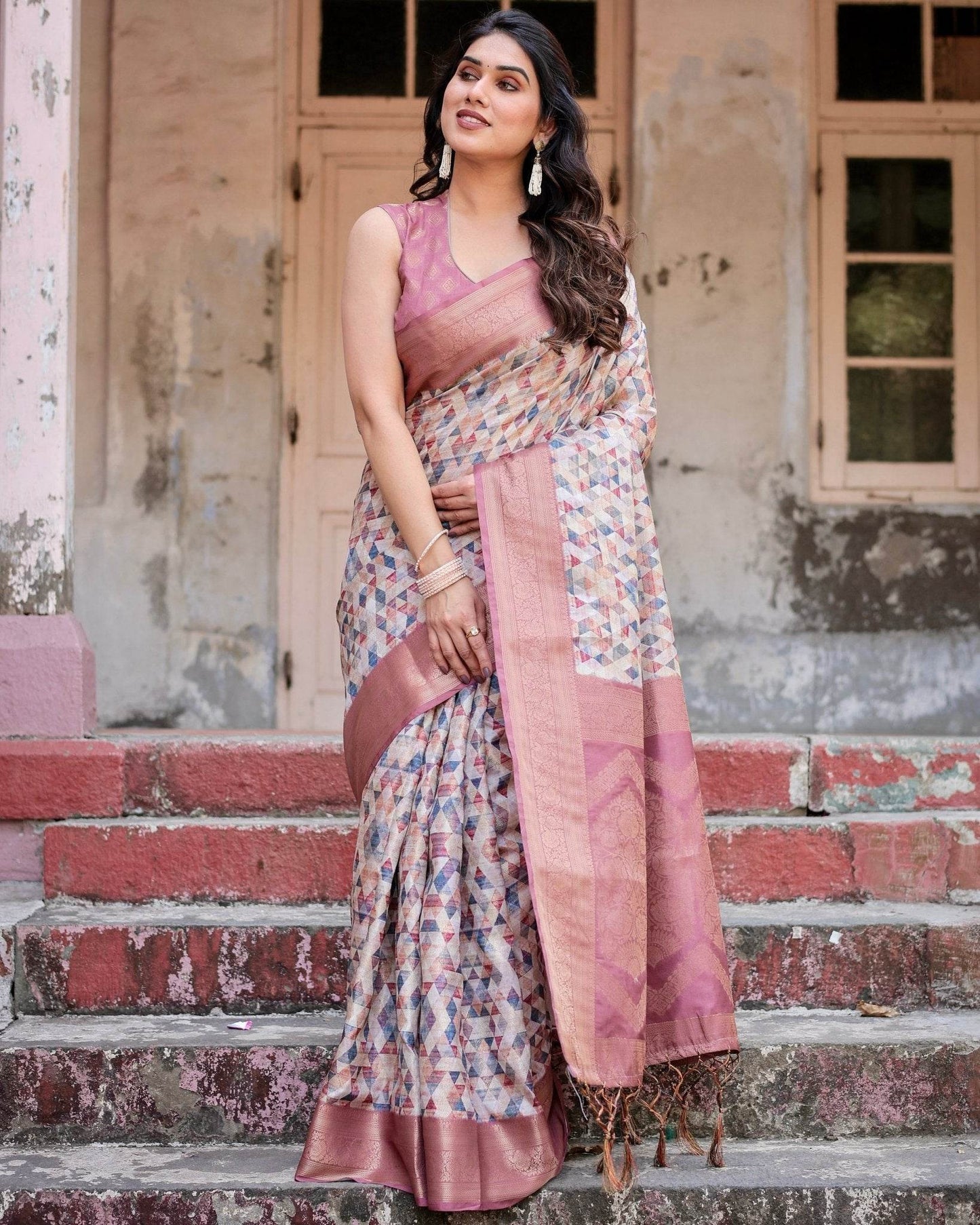 Beige and Pink Geometric Print Banarasi Silk Saree with Zari Weave and Tassel-Embellished Pallu - SEEANS