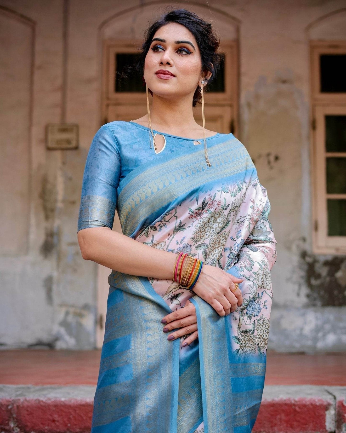 Elegant Floral Banarasi Silk Saree in Sky Blue and Blush Pink with Zari Weave and Tassels - SEEANS