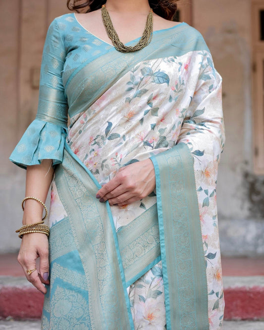 White and Aqua Floral Digital Print Banarasi Silk Saree with Zari Weave and Tassel-Adorned Pallu - SEEANS