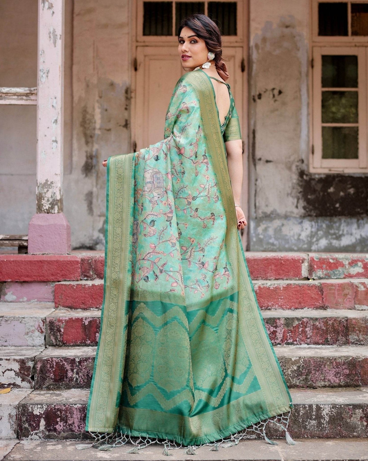 Graceful Green Banarasi Silk Saree with Intricate Floral and Elephant Weaves - SEEANS