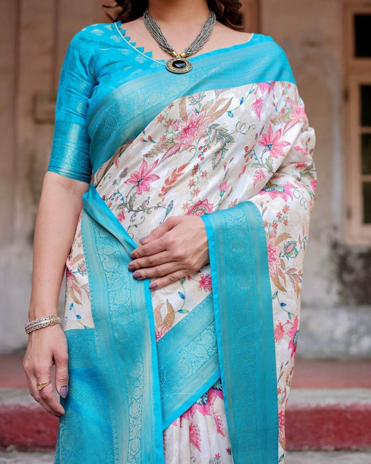 White and Aqua Floral Design Banarasi Silk Saree with Zari Weave and Tassel-Embellished Pallu - SEEANS