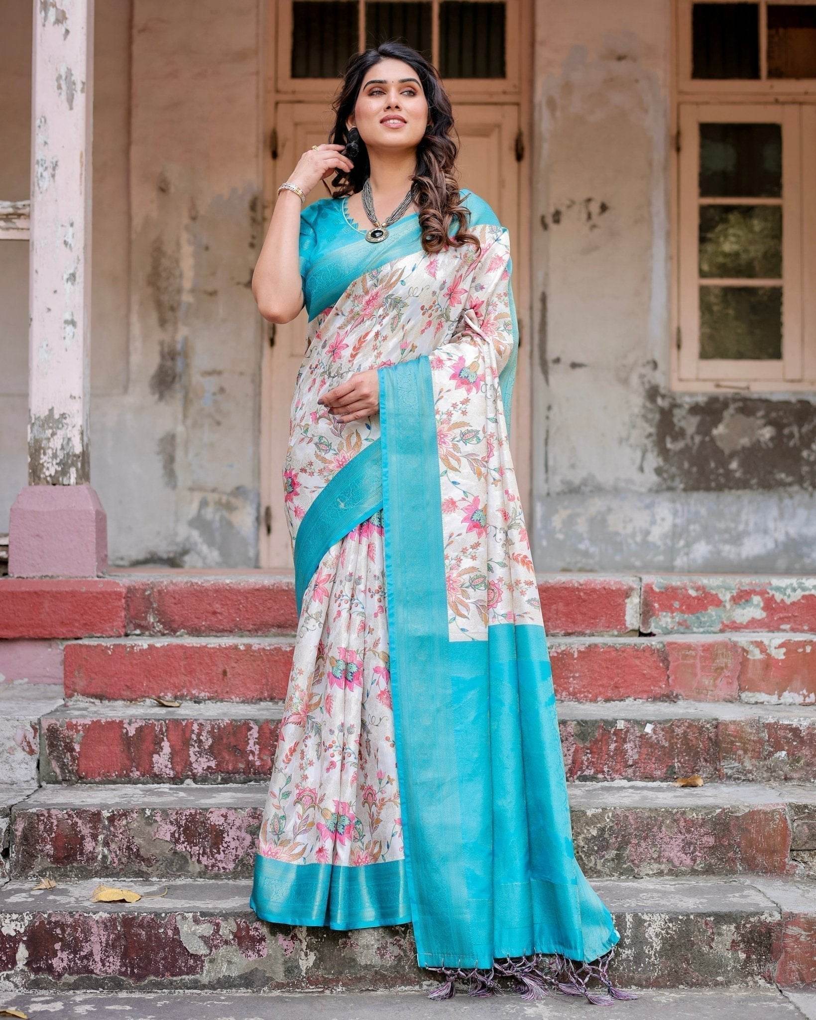 White and Aqua Floral Design Banarasi Silk Saree with Zari Weave and Tassel-Embellished Pallu - SEEANS