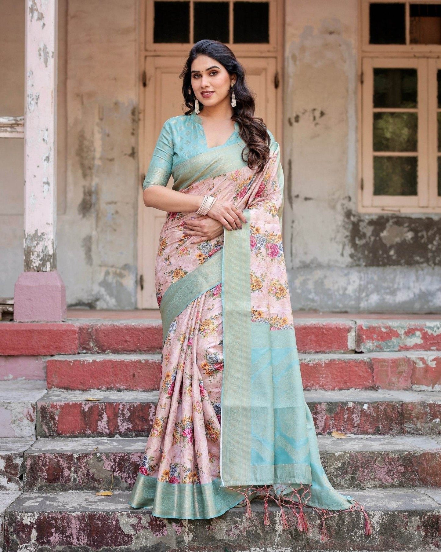 Pink and Green Floral Digital Print Banarasi Silk Saree with Zari Weave and Tassel Pallu - SEEANS